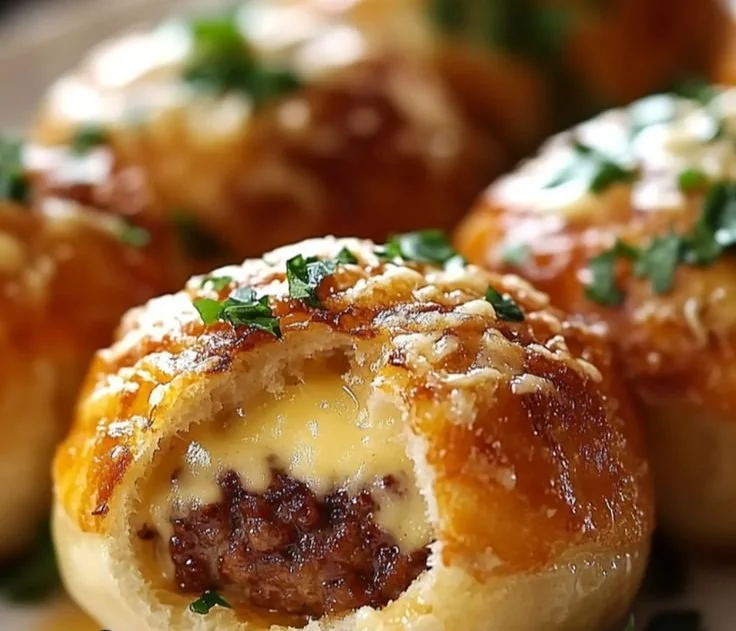 Delicious Garlic Parmesan Cheeseburger Bombs with melted cheese