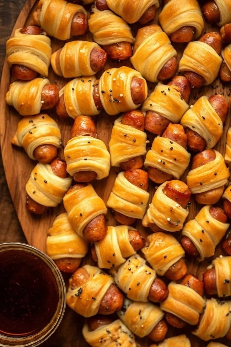 Glazed pigs in a blanket appetizer served on a platter