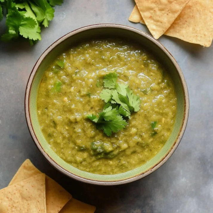 Delicious homemade green sauce in a bowl with fresh herbs and ingredients