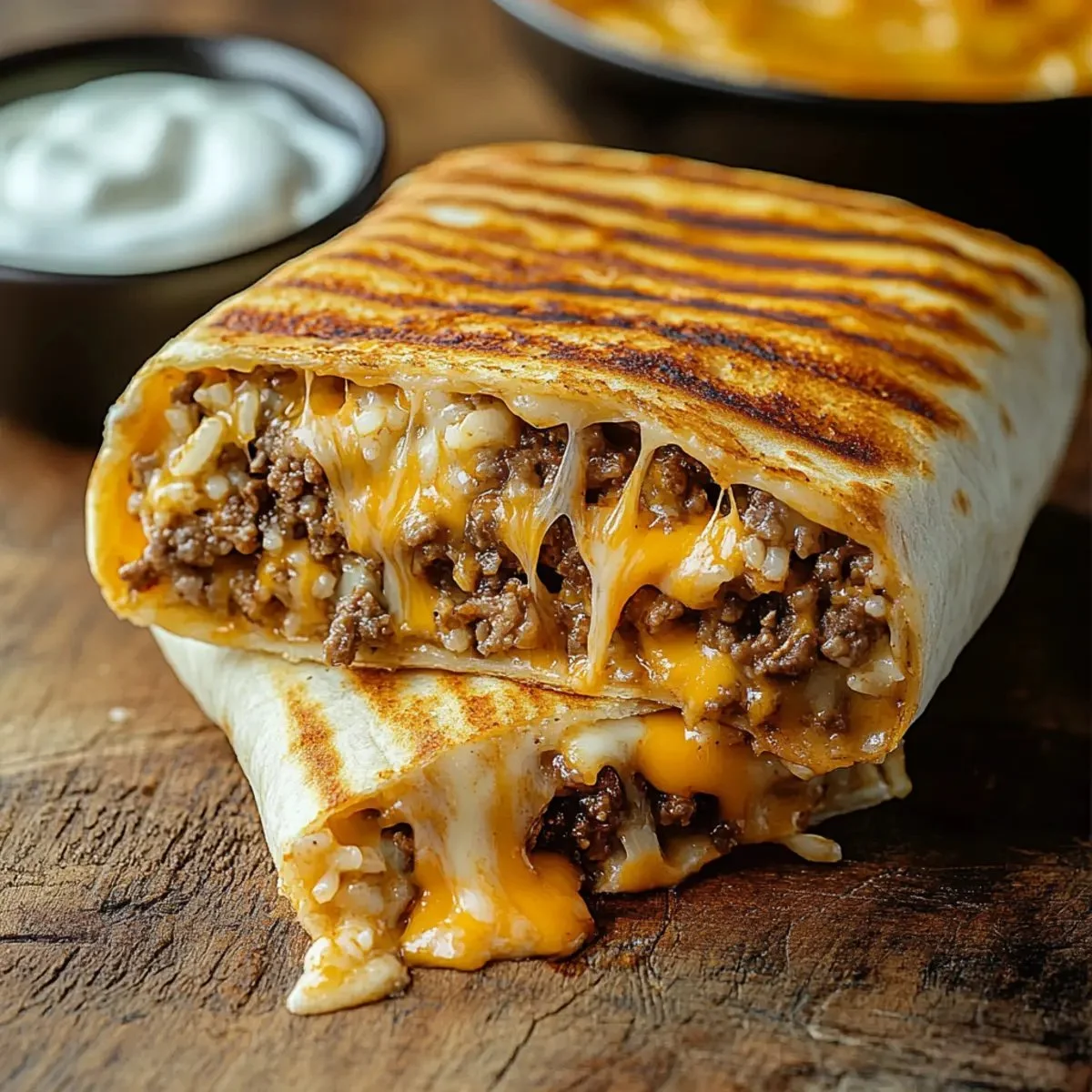 Delicious grilled cheese burrito filled with melted cheese and crispy tortilla.