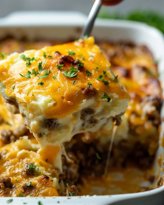 Delicious hamburger hash brown casserole served in a baking dish