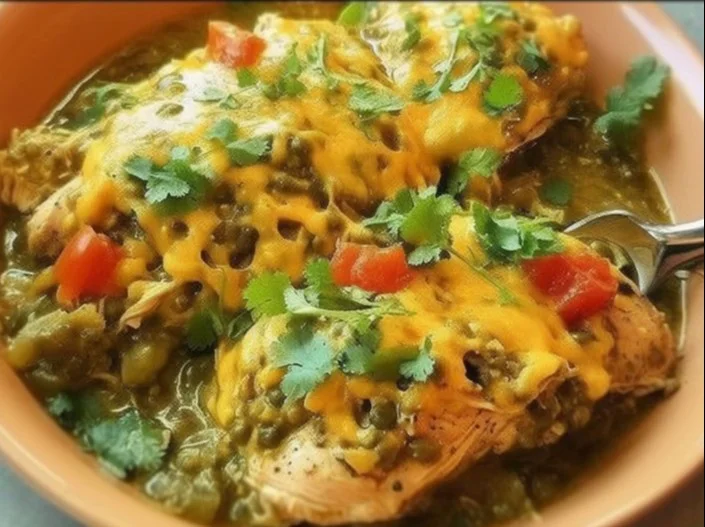Healthy salsa verde chicken casserole topped with fresh ingredients.