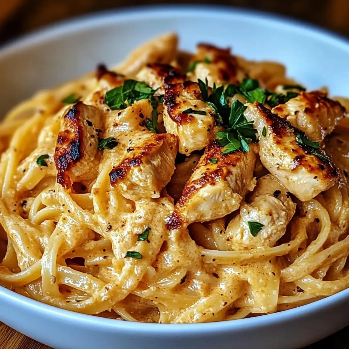 A plate of Cowboy Butter Chicken Linguine garnished with parsley.