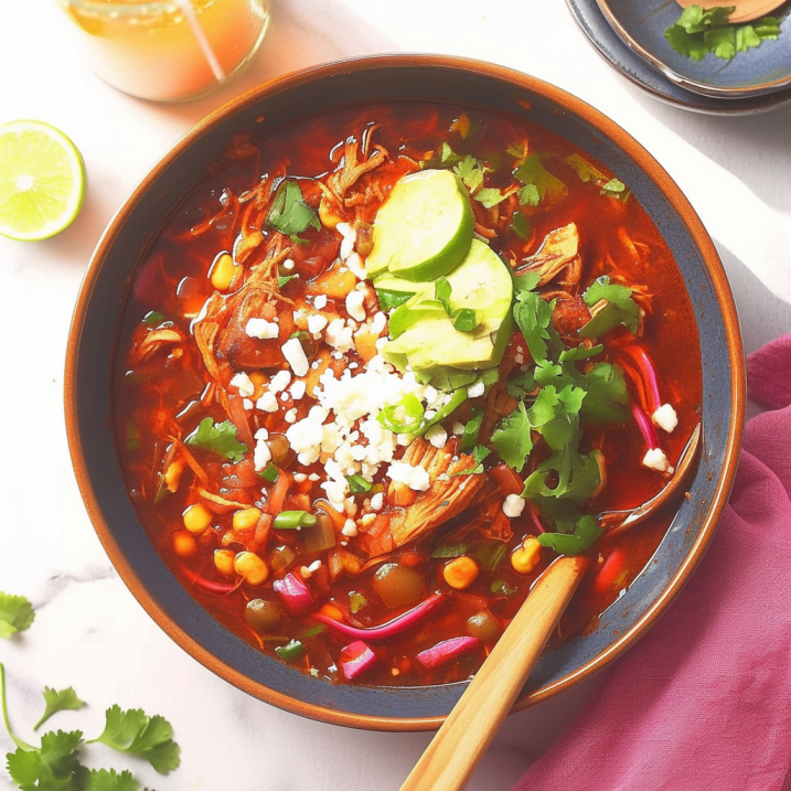 A steaming bowl of Chicken Red Pozole garnished with radishes and cabbage.