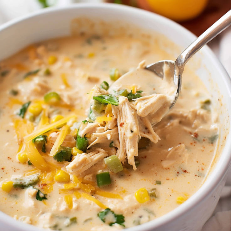 Creamy crockpot white chicken chili served in a bowl with toppings
