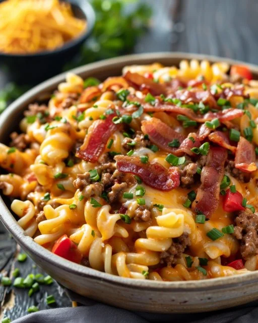 Bacon Cheeseburger Pasta topped with cheese and crispy bacon