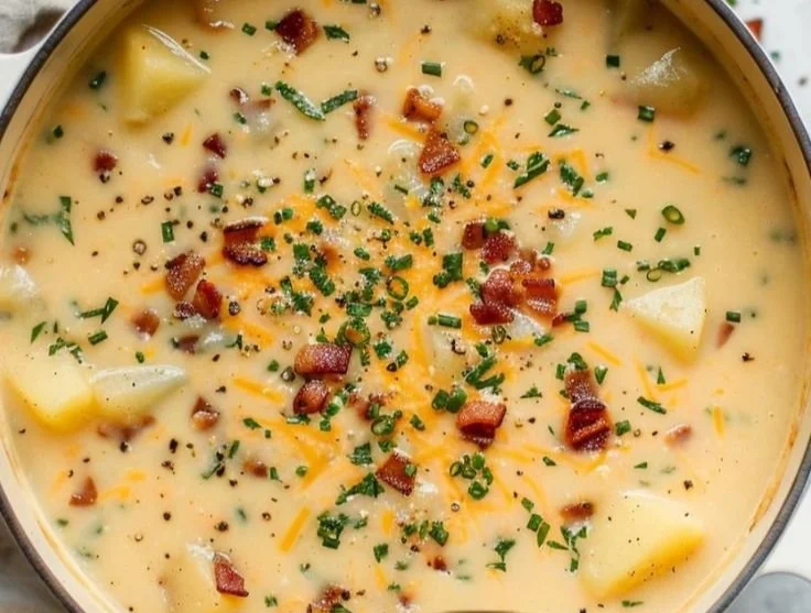 Delicious loaded potato soup topped with bacon and cheese in a bowl
