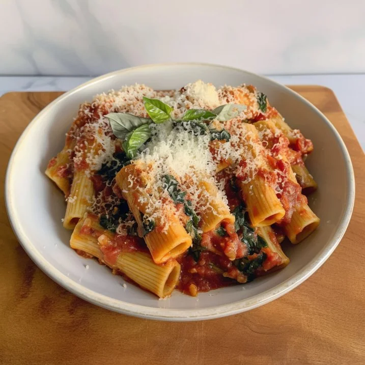 Meatless baked ziti with ricotta and mozzarella cheese in a baking dish