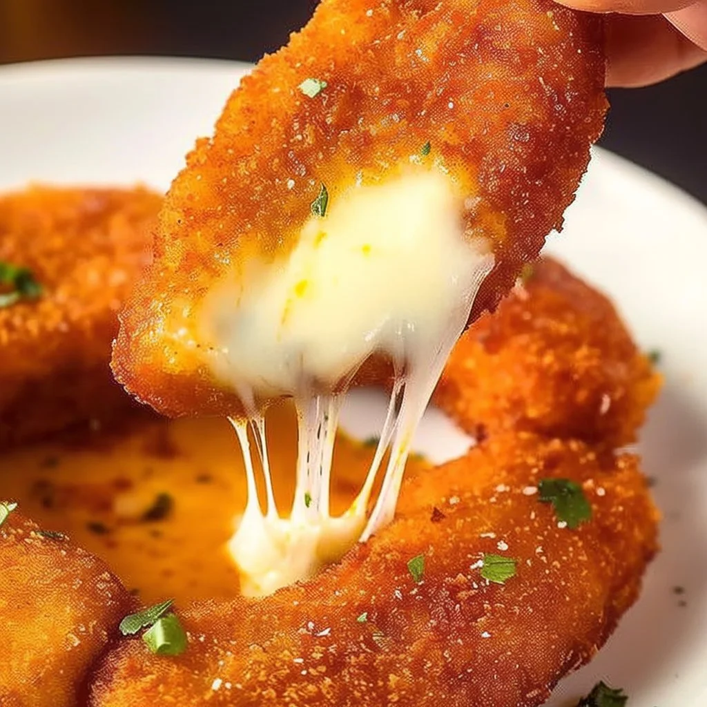 Crispy Nashville hot mozzarella sticks served with dipping sauce
