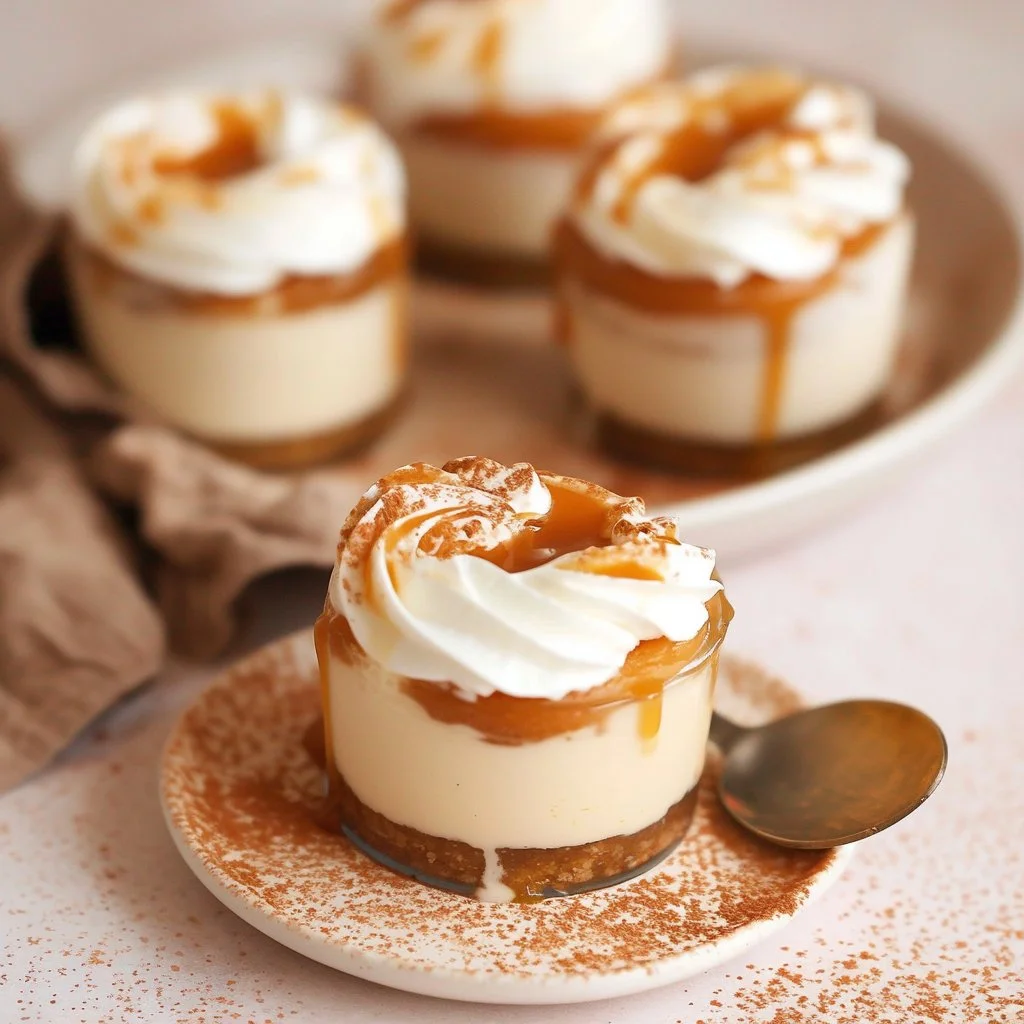 No Bake Salted Caramel Cheesecake Cups topped with caramel drizzle and sea salt.