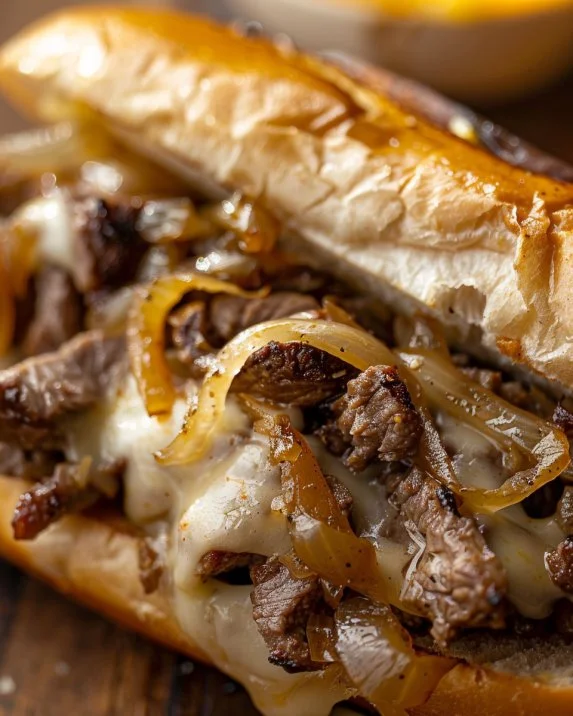 Delicious Philly Cheesesteak sandwich with beef, cheese, and fresh bread.