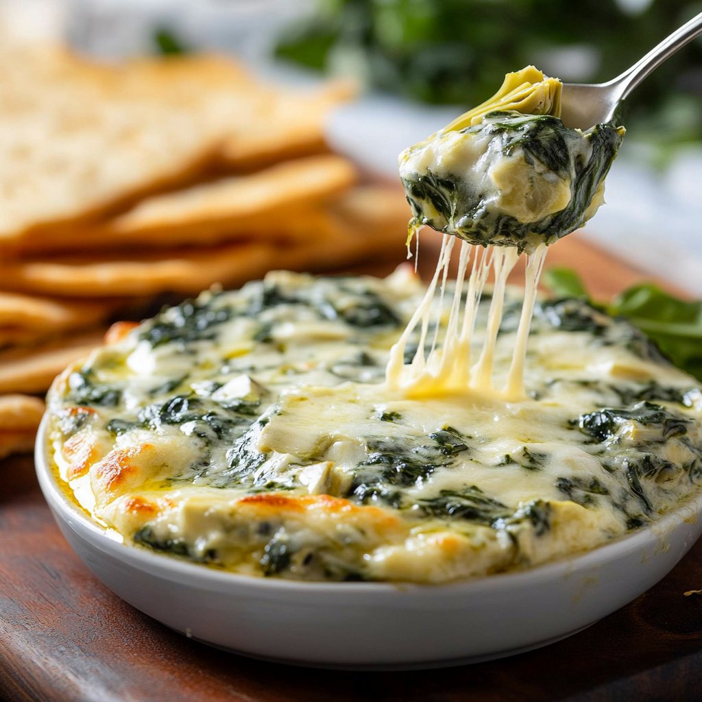 Creamy spinach artichoke dip in a serving dish with tortilla chips