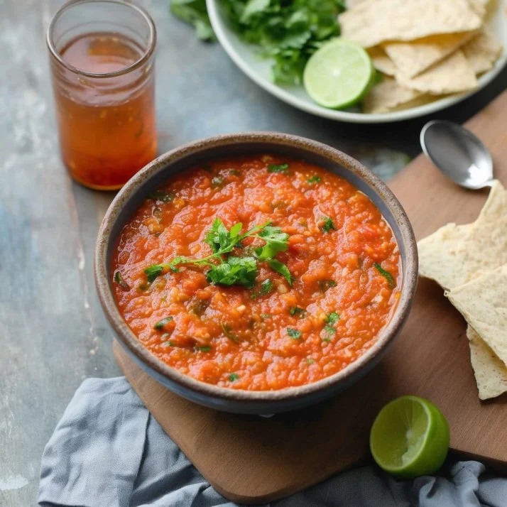 A bowl of roasted tomato salsa with fresh herbs and spices