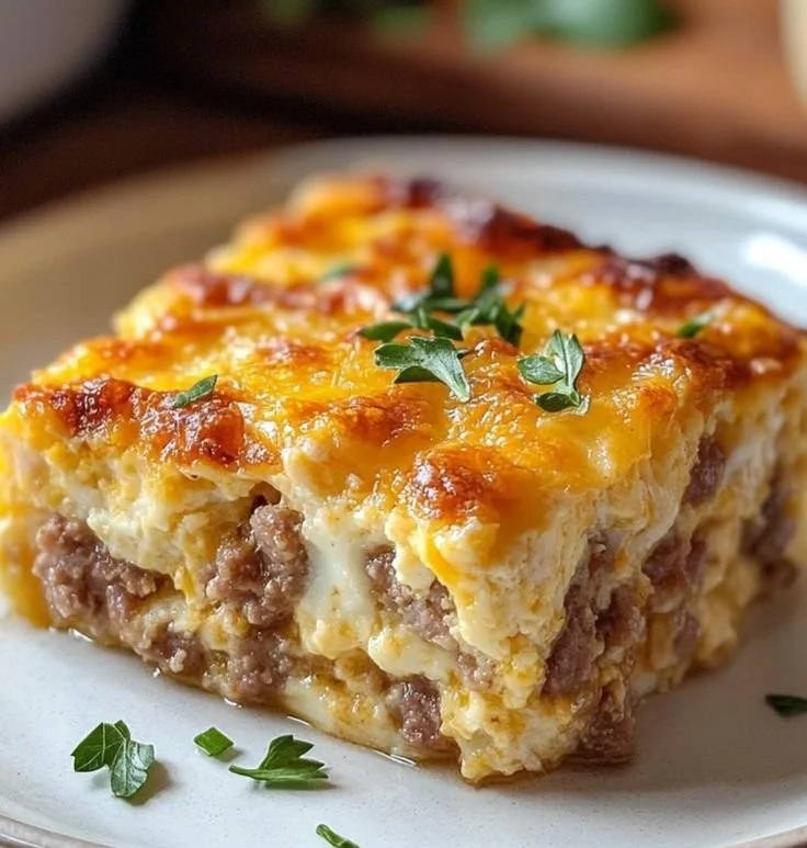 Delicious sausage and egg casserole served in a baking dish.