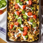 Sheet pan ground beef nachos topped with cheese, jalapeños, and salsa