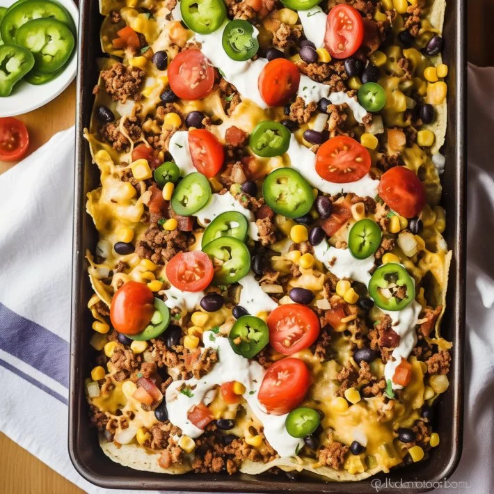 Sheet pan ground beef nachos topped with cheese, jalapeños, and salsa