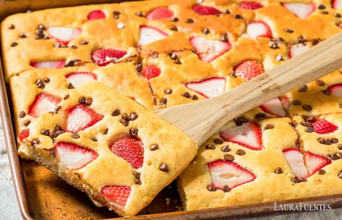 Delicious sheet pan pancakes baked to perfection on a large baking sheet