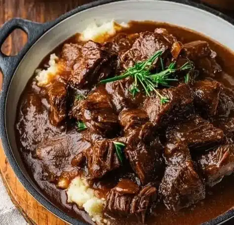 Slow Cooker Beef Manhattan served with delicious gravy and fresh ingredients.