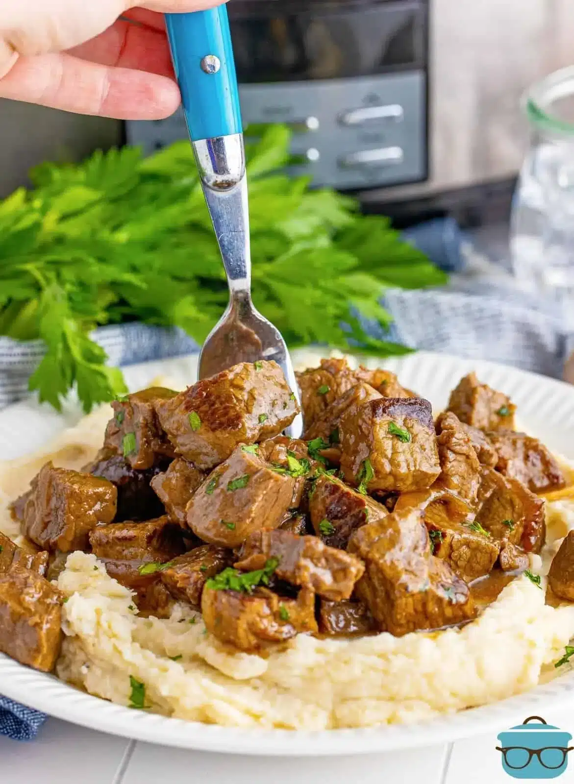 Slow cooker garlic butter steak bites served on a plate with herbs