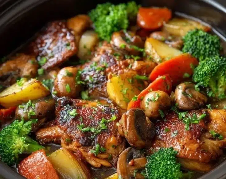 Slow Cooker Honey Garlic Chicken served with colorful veggies