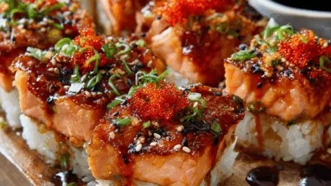 Delicious Spicy Salmon Sushi Bake topped with creamy sauce and green onions