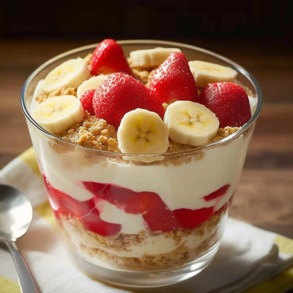 Delicious strawberry banana pudding served in a glass bowl with fresh fruit garnish.