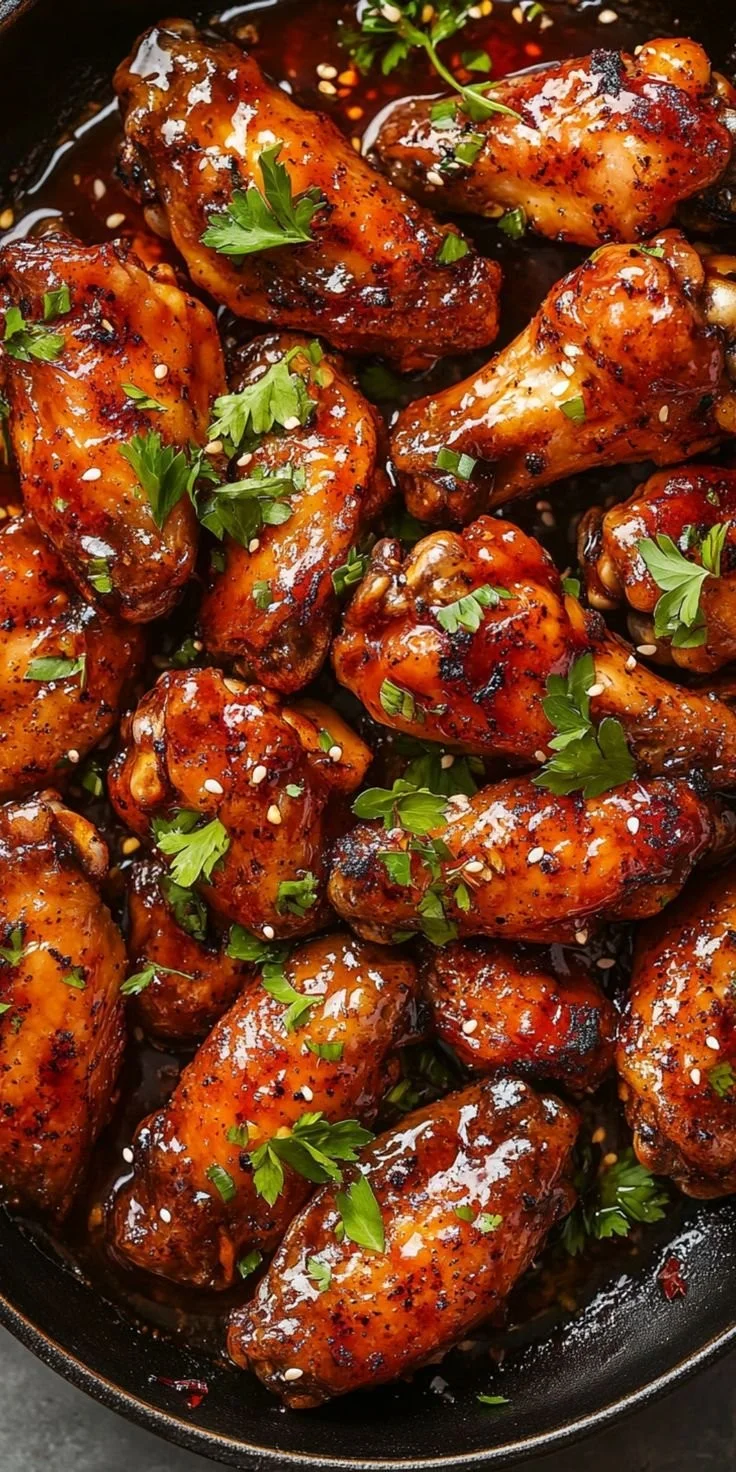 Delicious sweet and spicy chicken wings garnished with herbs on a platter.