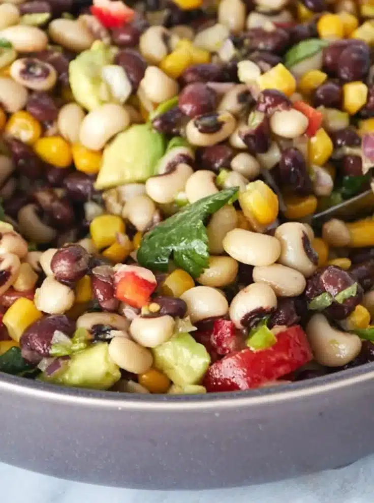 Bowl of Texas Caviar with black-eyed peas and colorful veggies