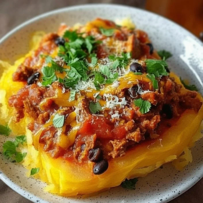 Turkey Enchilada Spaghetti Squash dish garnished with fresh herbs