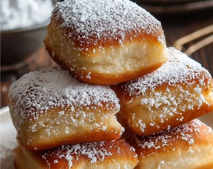 Homemade Vanilla French Beignets dusted with powdered sugar on a plate