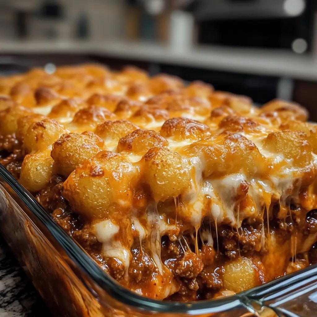 Delicious Chili Cheese Tater Tot Casserole served hot from the oven.