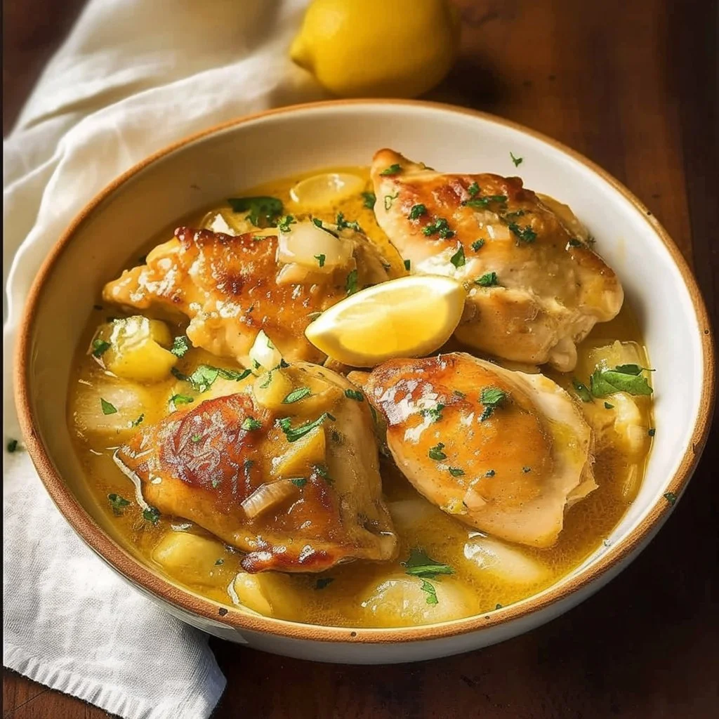 A plate of zesty lemon butter chicken garnished with fresh herbs