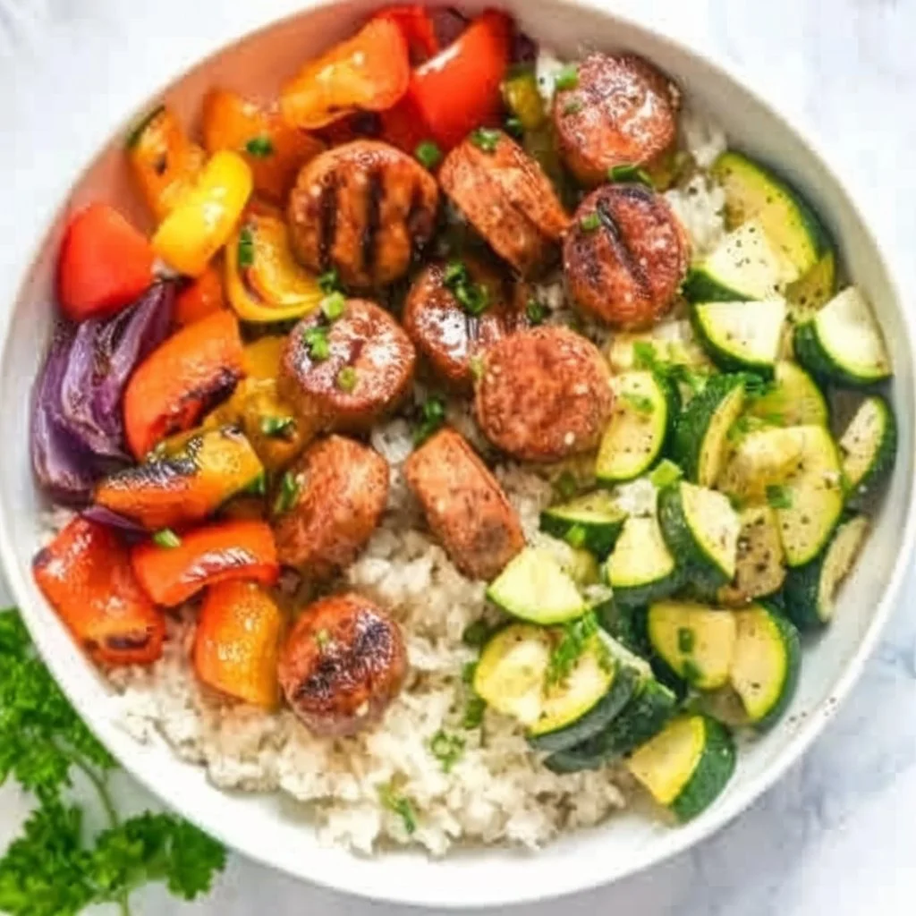 10-minute air fryer chicken sausage with colorful veggies