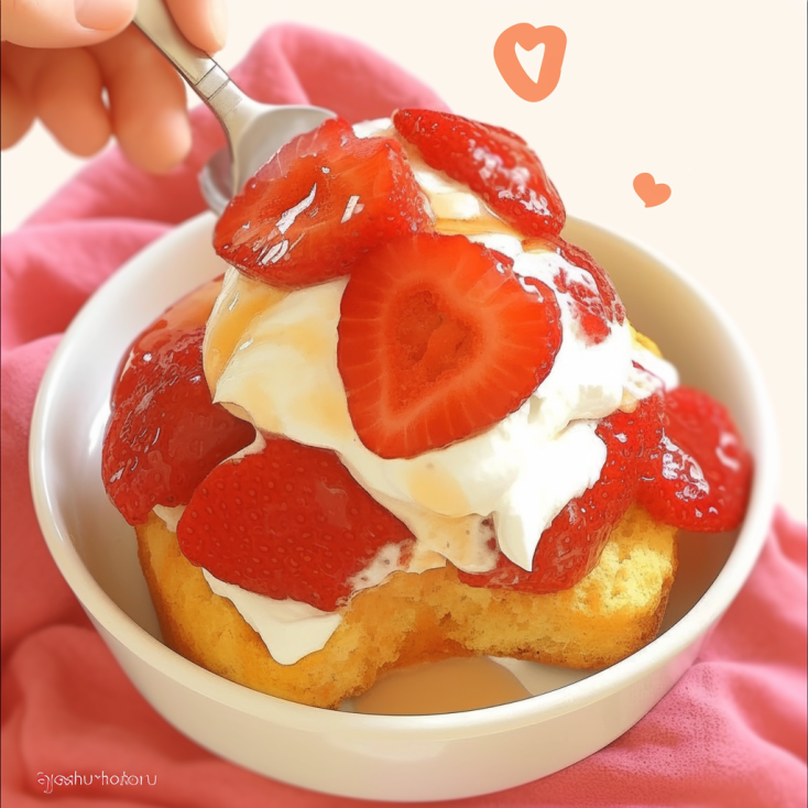 Classic strawberry shortcake with biscuits topped with whipped cream and fresh strawberries
