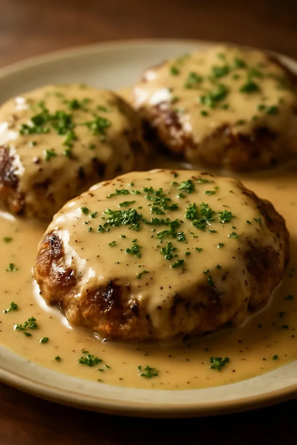 Amish hamburger steak bake served on a plate with mashed potatoes
