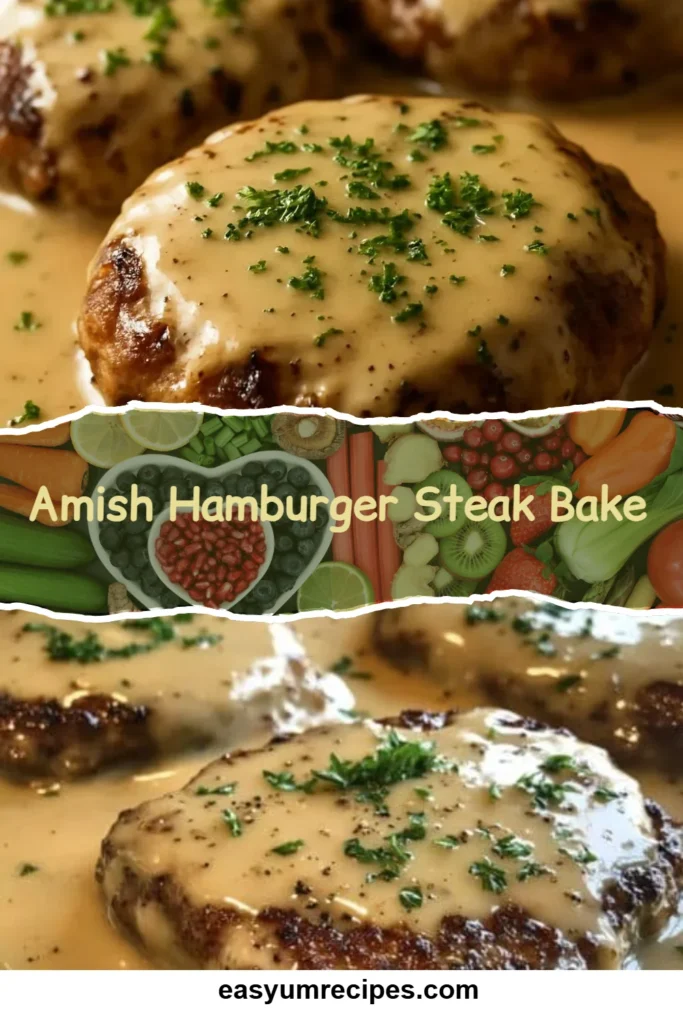Amish hamburger steak bake served on a plate with mashed potatoes