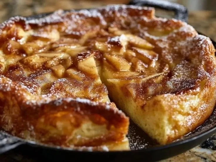 Fluffy Apple Cinnamon German Pancake topped with fresh apples and cinnamon