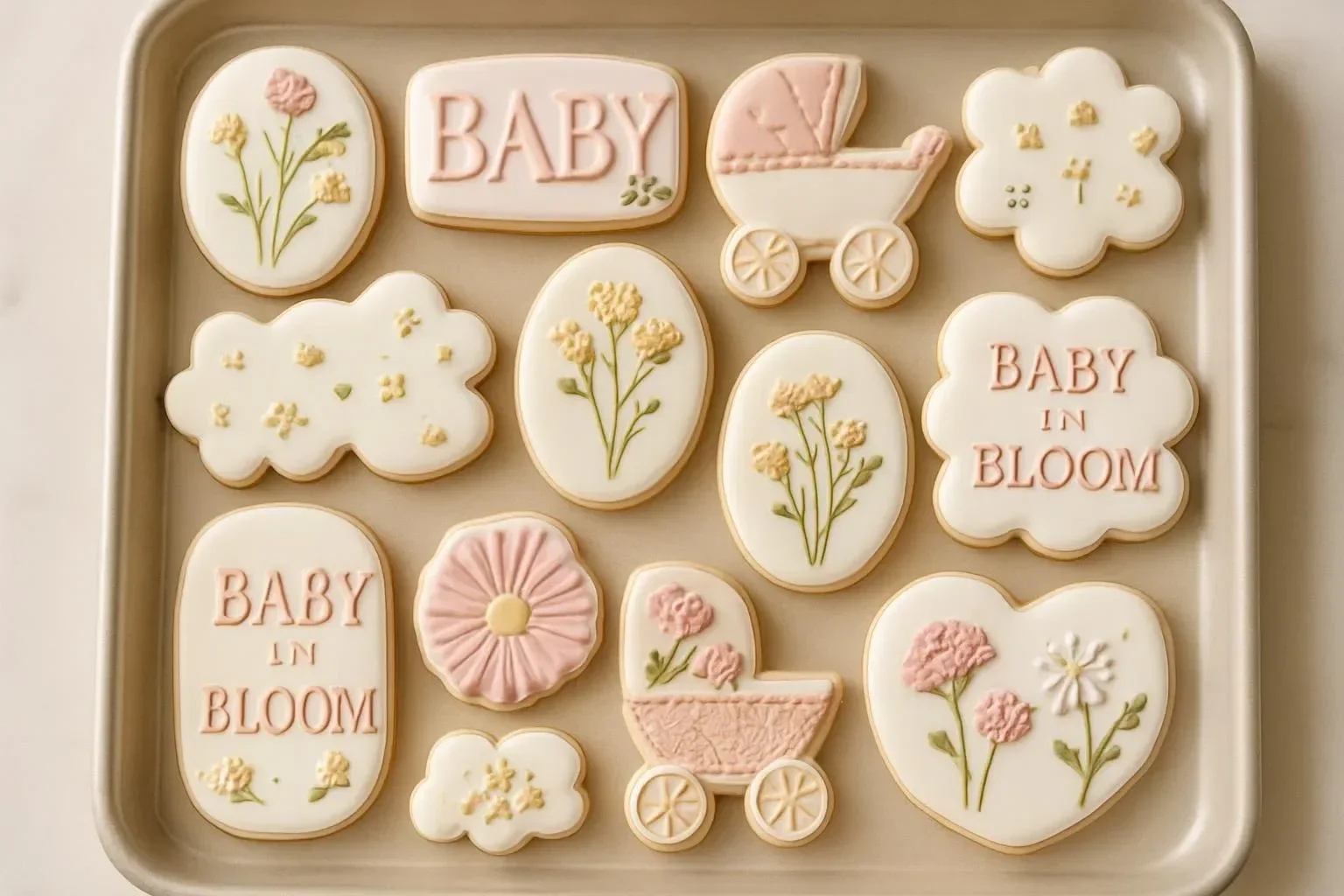Baby in Bloom themed baby shower cookies decorated with floral designs.
