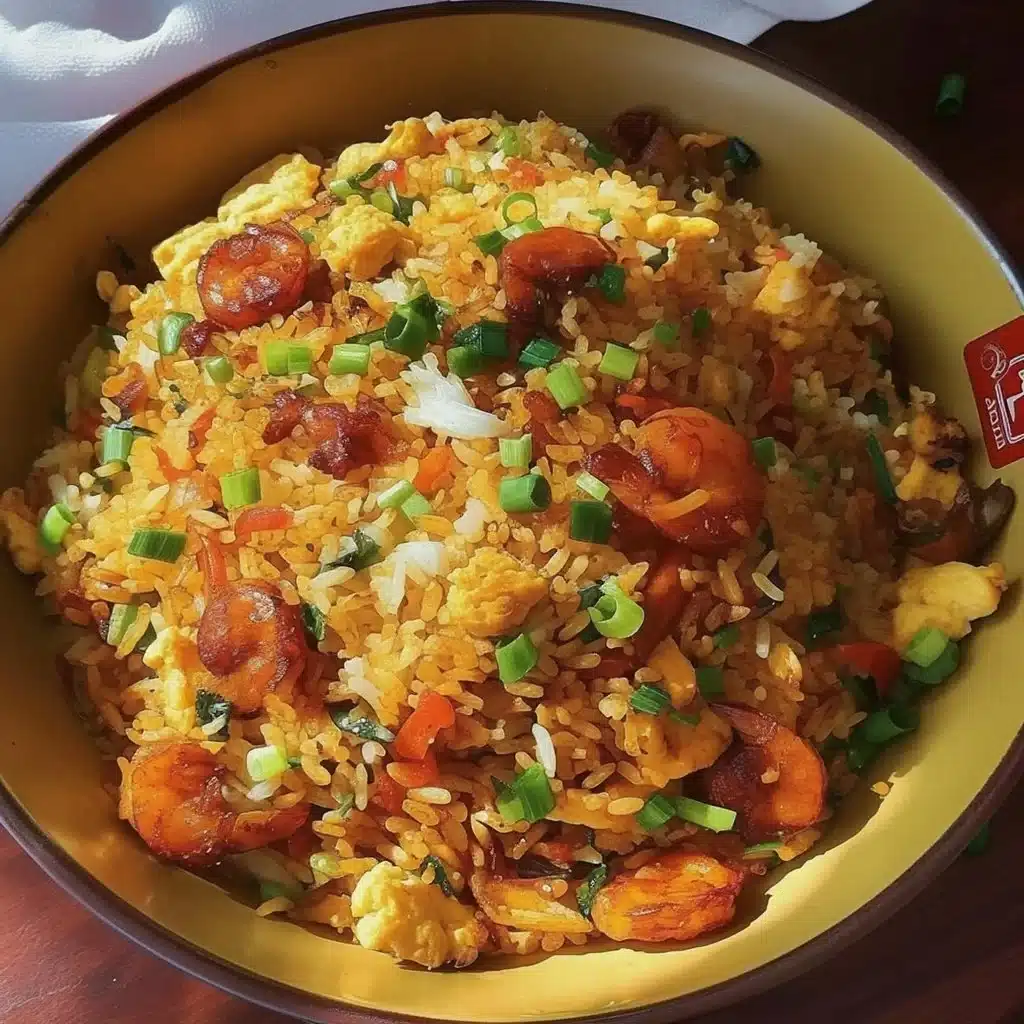 Plate of Bang Bang Fried Rice garnished with green onions and spicy sauce