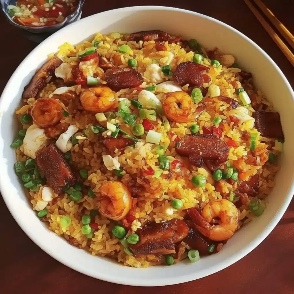 Plate of Bang Bang Fried Rice garnished with green onions and spicy sauce