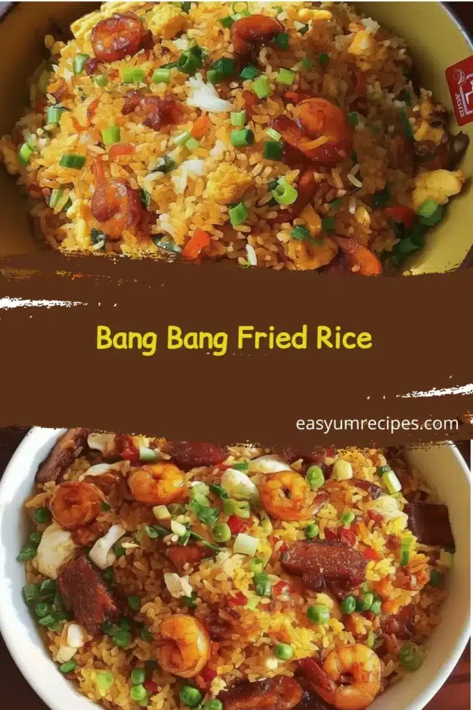 Plate of Bang Bang Fried Rice garnished with green onions and spicy sauce