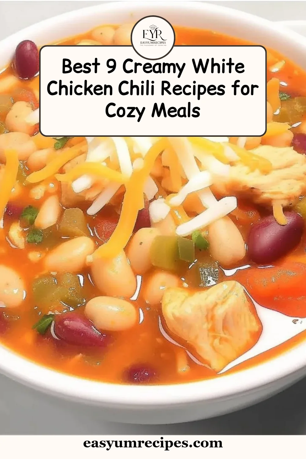 Delicious creamy white chicken chili served in a bowl with toppings.