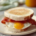 Breakfast sandwich featuring turkey bacon and egg whites on a toasted English muffin