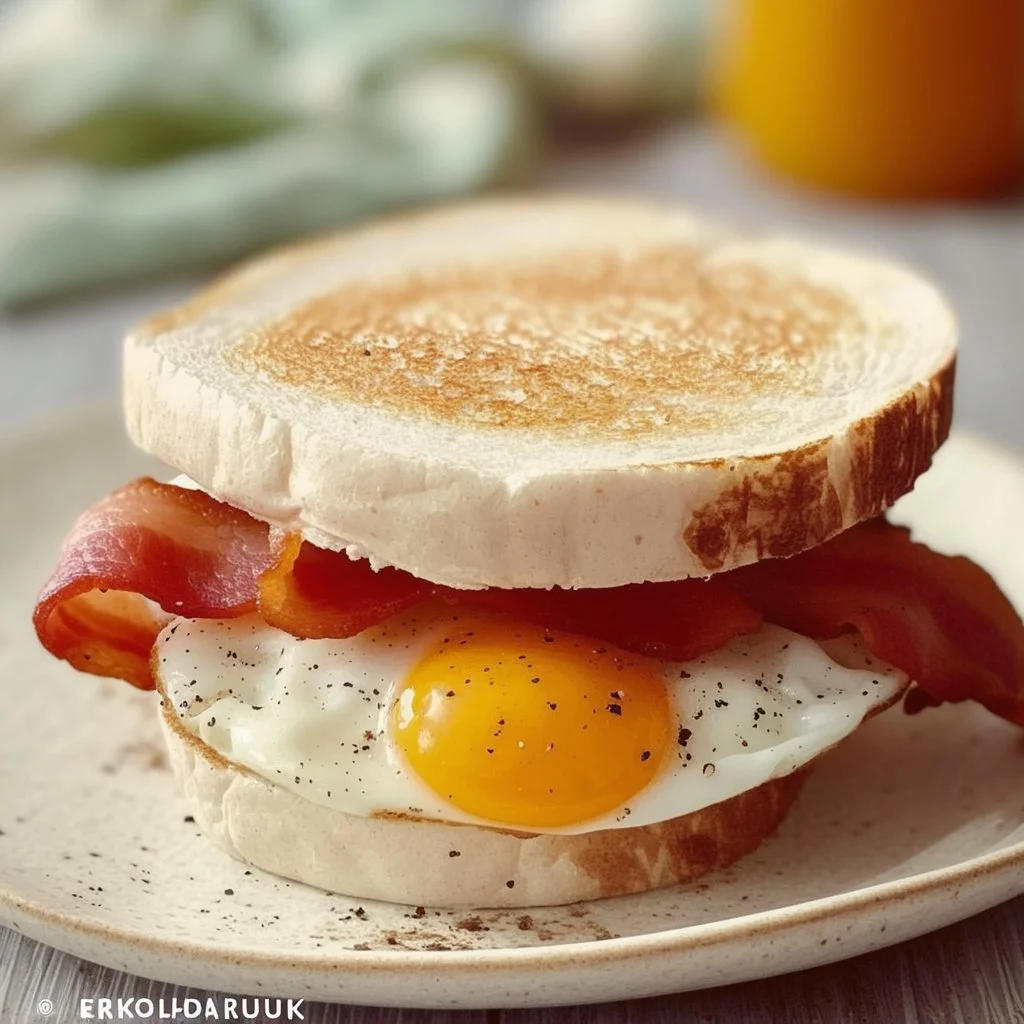 Breakfast sandwich featuring turkey bacon and egg whites on a toasted English muffin