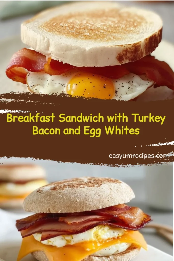 Breakfast sandwich featuring turkey bacon and egg whites on a toasted English muffin