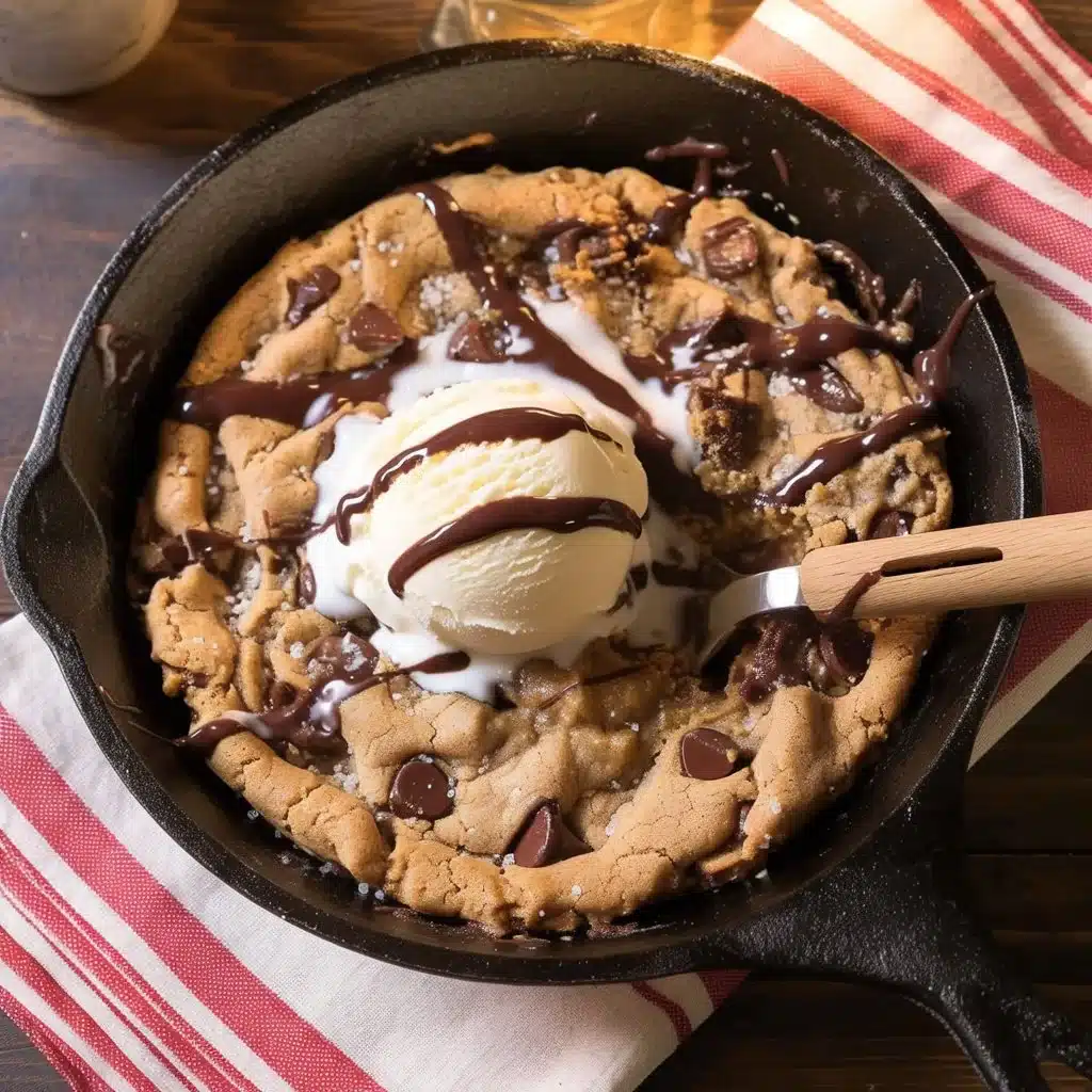 Warm brown butter chocolate chip skillet cookies in a cast-iron pan
