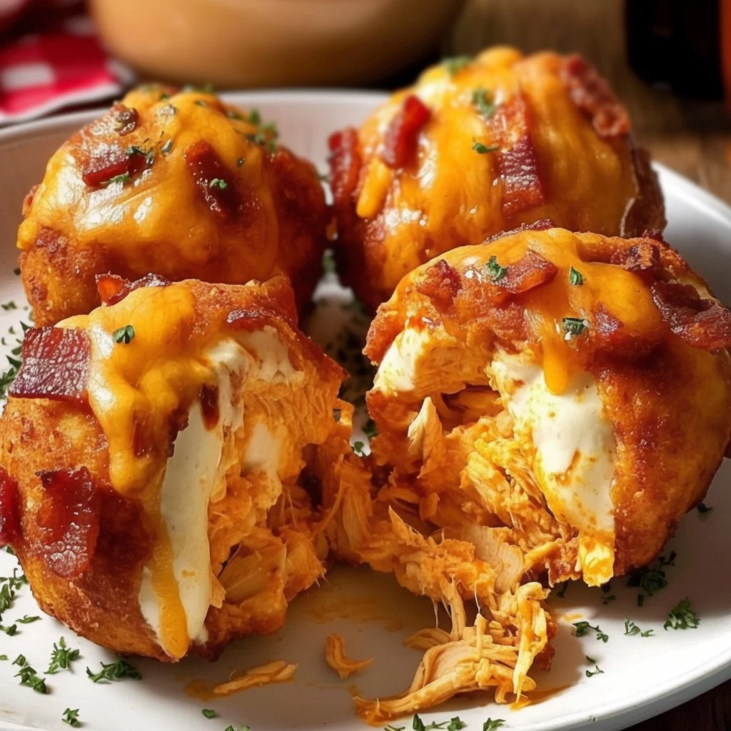 Buffalo Chicken Bacon Mozzarella Bombs with melted cheese and crispy bacon