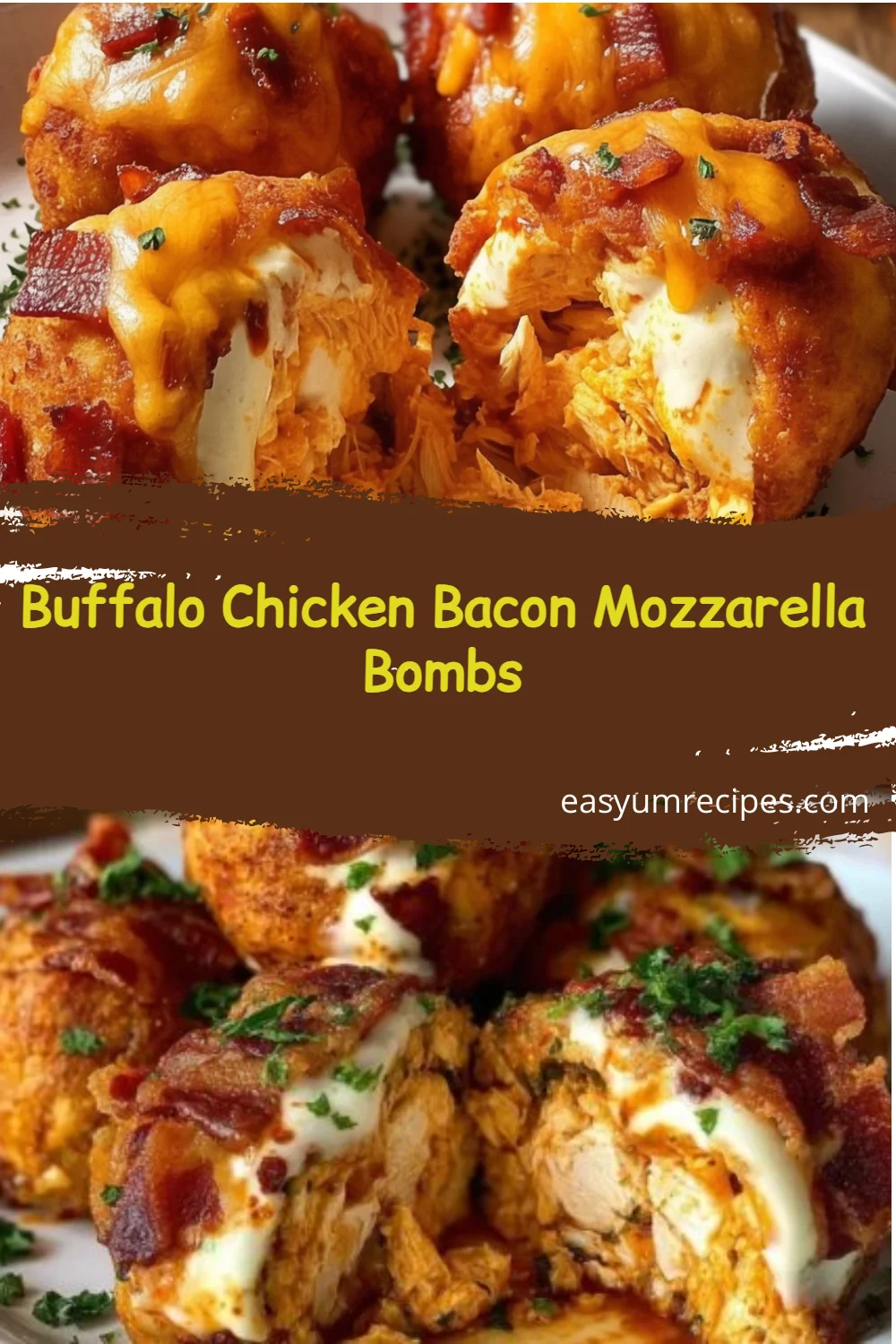 Buffalo Chicken Bacon Mozzarella Bombs with melted cheese and crispy bacon