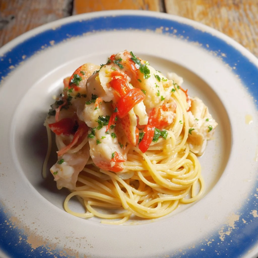 Delicious plate of buttered lobster pasta with fresh herbs and creamy sauce