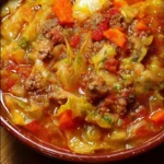 Bowl of delicious cabbage roll soup garnished with fresh herbs